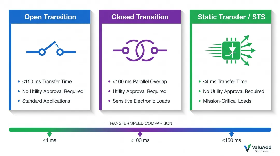 Transfer switch transition methods comparison open closed and static switching modes