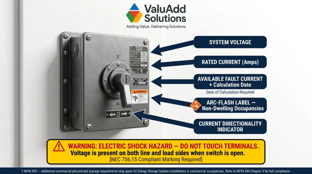 NEC 706.15 ESS disconnect required labeling fields and warning markings checklist