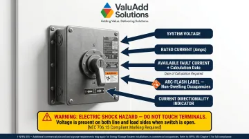 NEC 706.15 ESS disconnect required labeling fields and warning markings checklist