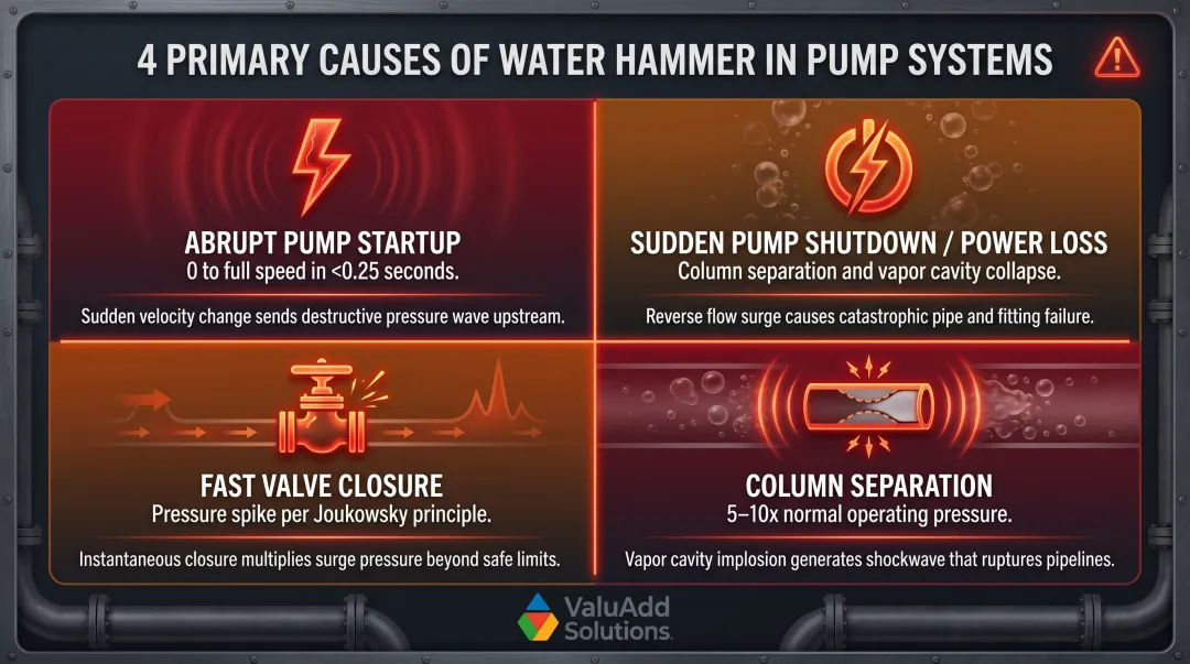 Four causes of water hammer in pump systems process diagram