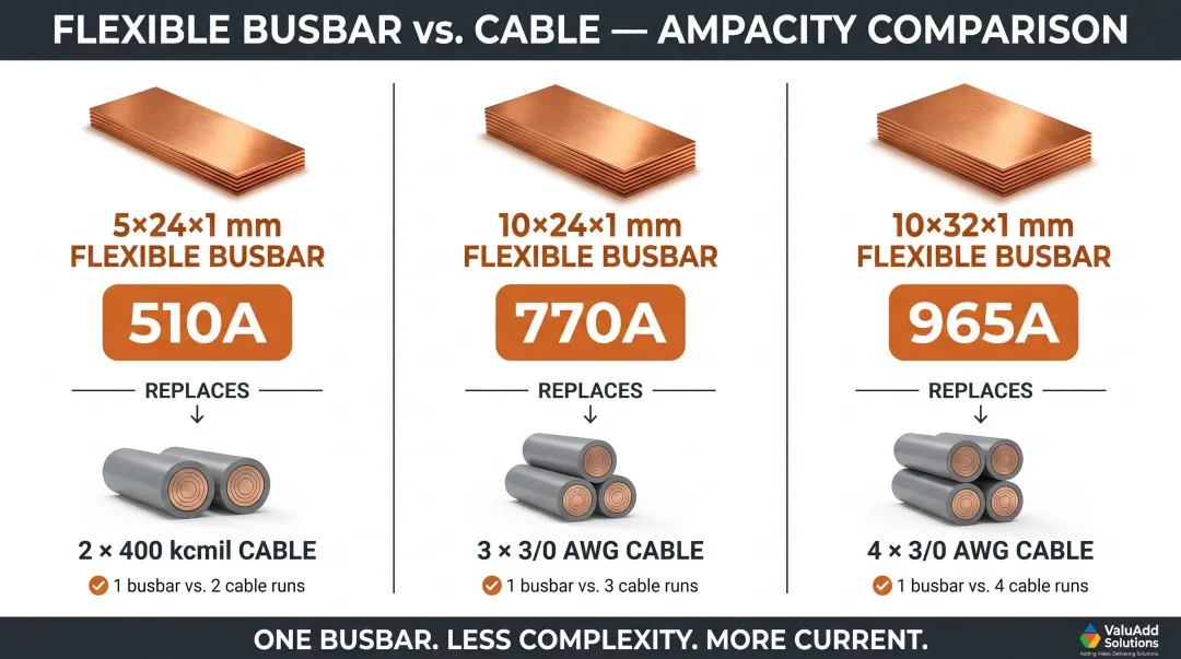 Flexible busbar versus cable ampacity consolidation comparison chart three configurations