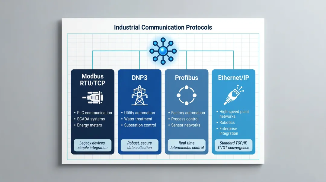 Industrial power meter communication protocols comparison Modbus DNP3 Profibus Ethernet-IP