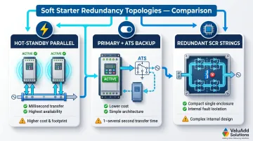 Three dual redundant soft starter architecture topologies comparison process flow diagram