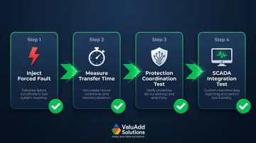 Four-step dual redundant soft starter commissioning validation process flow infographic