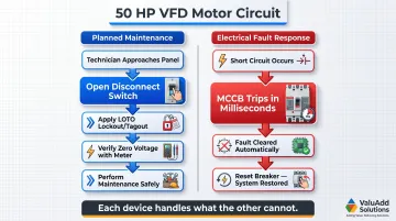 Planned maintenance versus electrical fault response workflow for VFD motor circuit