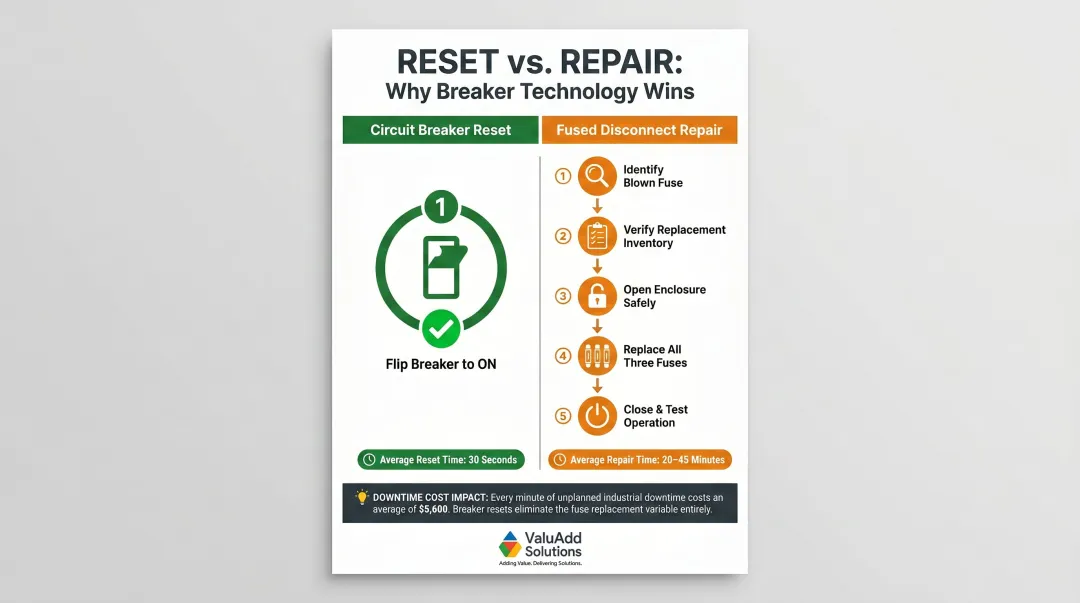 Circuit breaker reset versus fused disconnect fuse replacement five-step process comparison