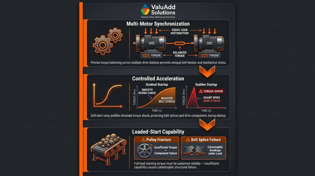 Mining conveyor motor control requirements synchronization torque and belt stress diagram