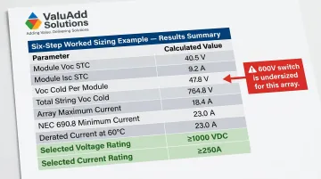 20-string commercial PV array DC disconnect sizing calculation summary table infographic