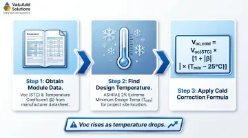 Cold-weather Voc correction formula steps for solar PV disconnect voltage sizing