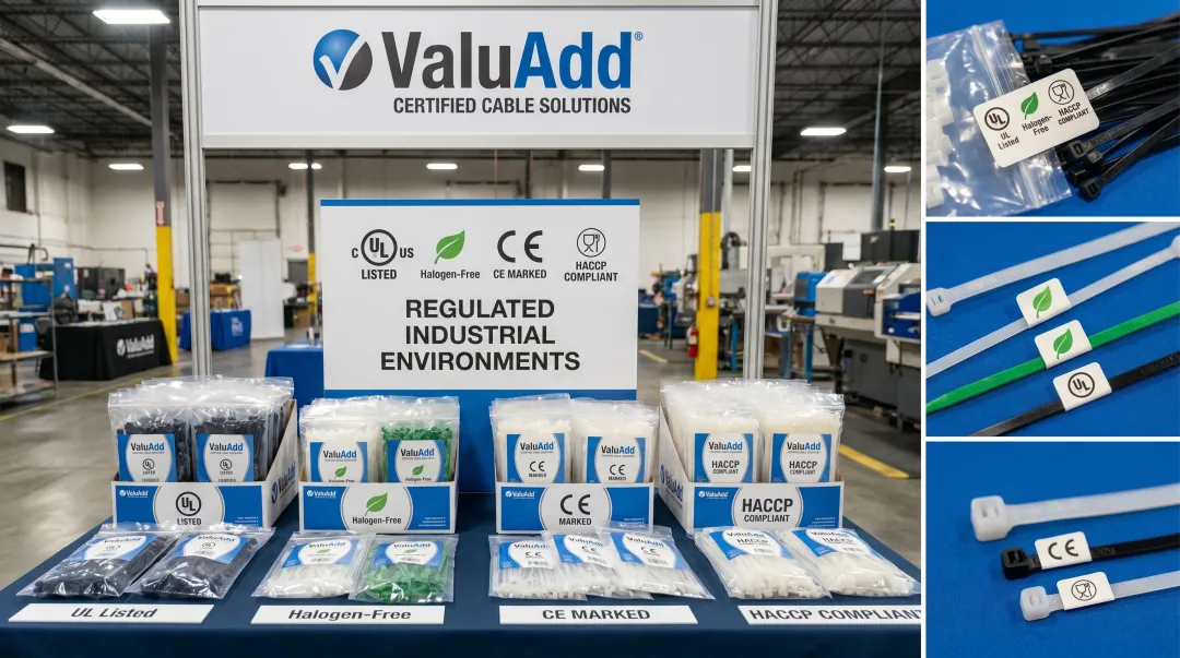 ValuAdd cable tie certifications including UL listed plenum HACCP and halogen-free compliance