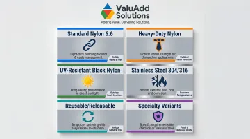 Six industrial cable tie types comparison infographic with applications and icons