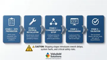 5-stage industrial HMI setup process flow from site preparation to validation