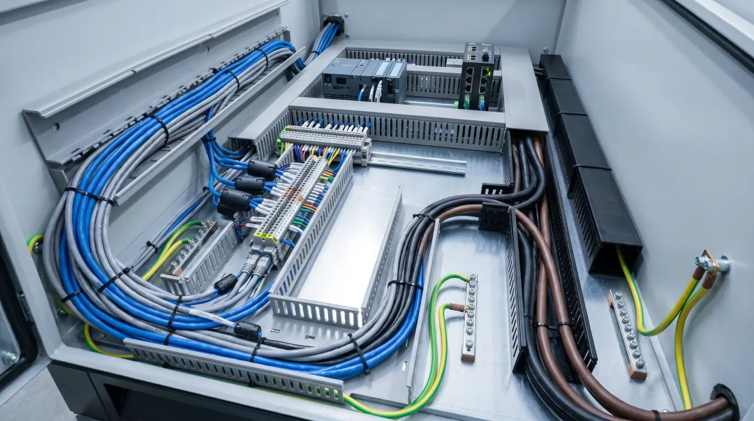 Industrial control panel interior showing shielded cable routing and EMI ferrite cores