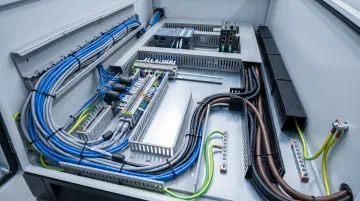 Industrial control panel interior showing shielded cable routing and EMI ferrite cores
