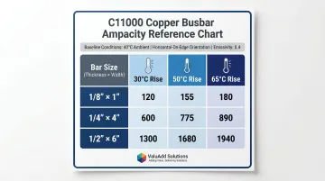 C11000 copper busbar ampacity table three temperature rise tiers comparison chart