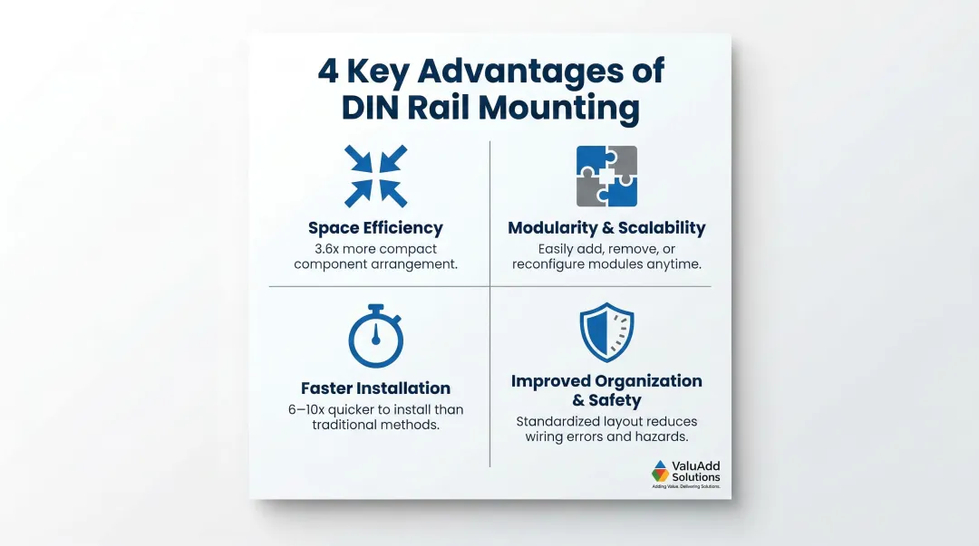 Four key advantages of DIN rail mounting in control panels comparison infographic