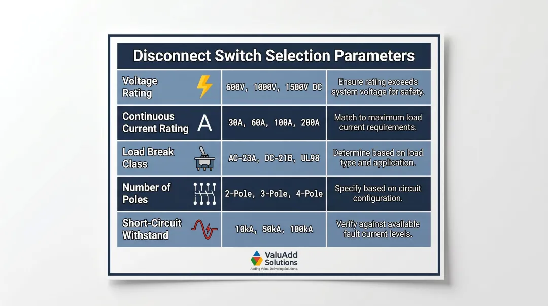 Five-parameter DIN rail disconnect switch selection guide reference chart infographic