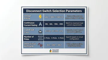 Five-parameter DIN rail disconnect switch selection guide reference chart infographic