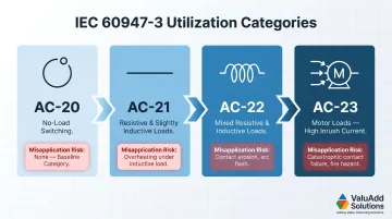 IEC 60947-3 utilization categories AC-20 through AC-23 load type comparison chart
