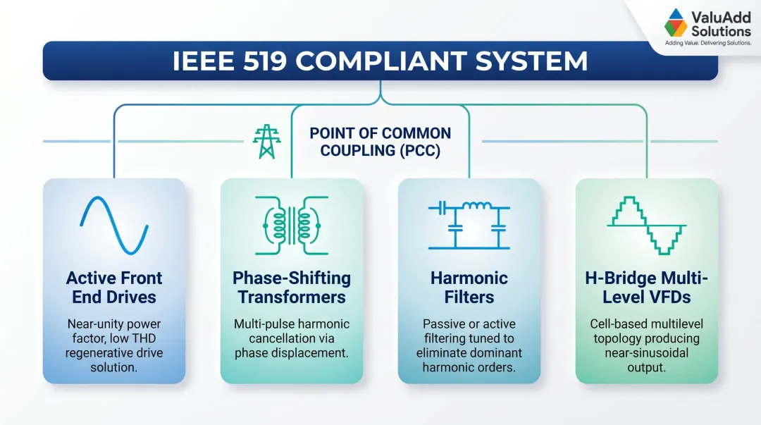 IEEE 519 compliance strategy showing four harmonic mitigation methods for industrial drives
