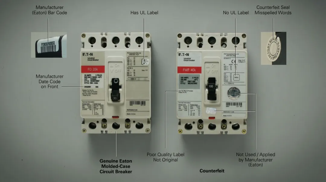Counterfeit industrial circuit breaker components seized showing fraudulent safety markings