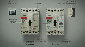 Counterfeit industrial circuit breaker components seized showing fraudulent safety markings