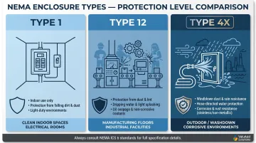 NEMA enclosure types 1 12 4X protection levels and industrial environment applications