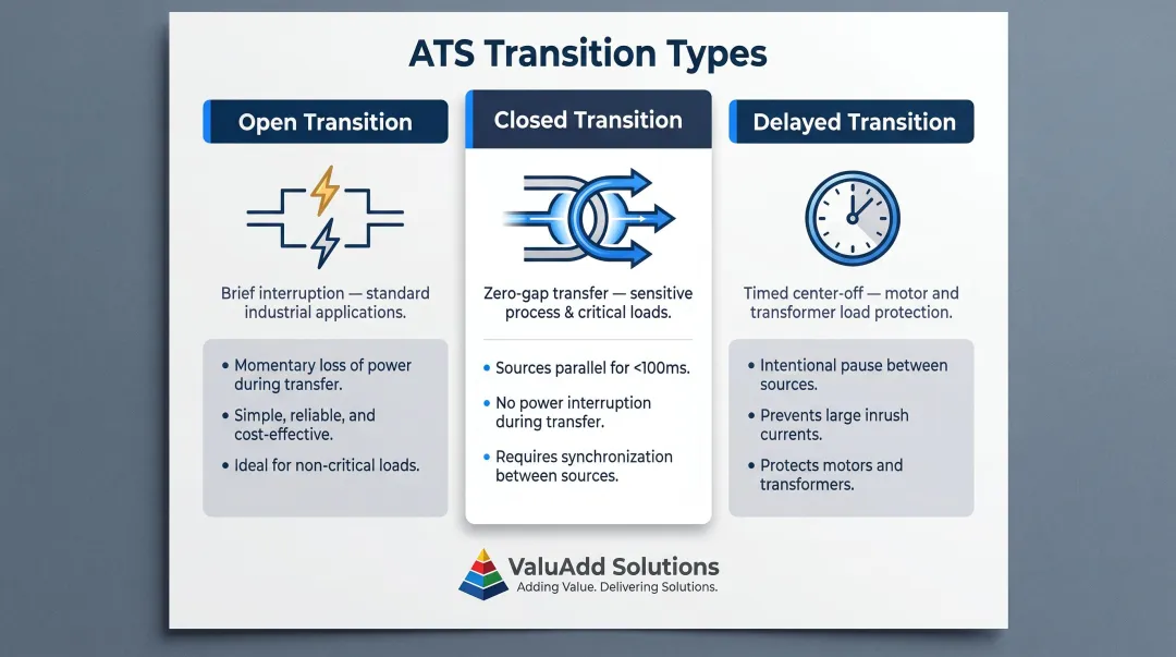 Three ATS transfer types open closed delayed transition comparison infographic