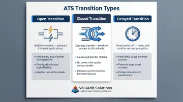 Three ATS transfer types open closed delayed transition comparison infographic