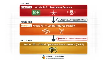 NEC Articles 700 701 708 load priority classification separate ATS requirements infographic