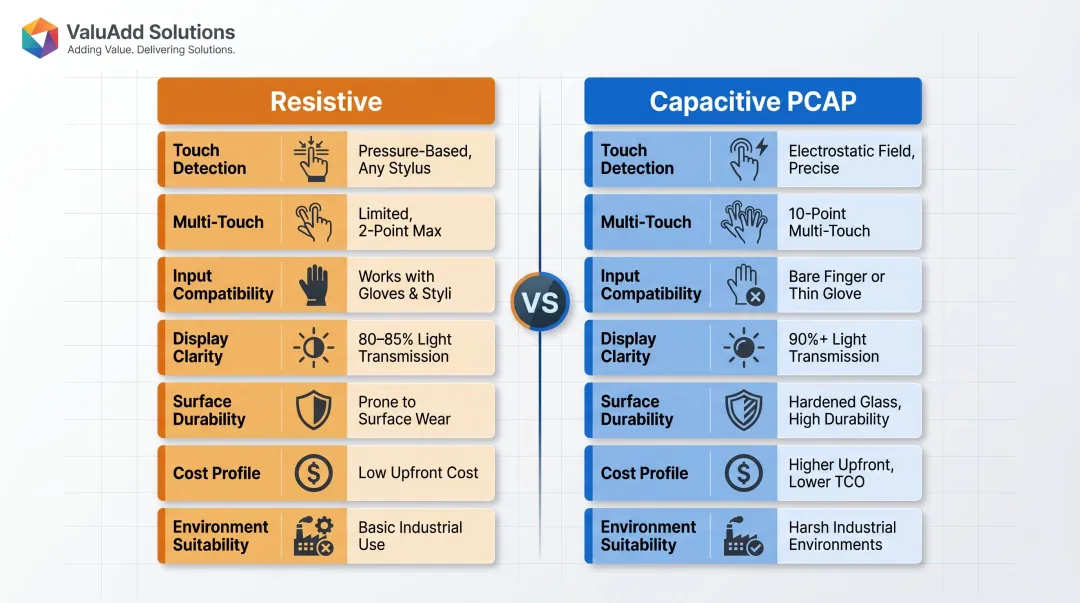 Resistive versus capacitive HMI touch panel side-by-side comparison infographic