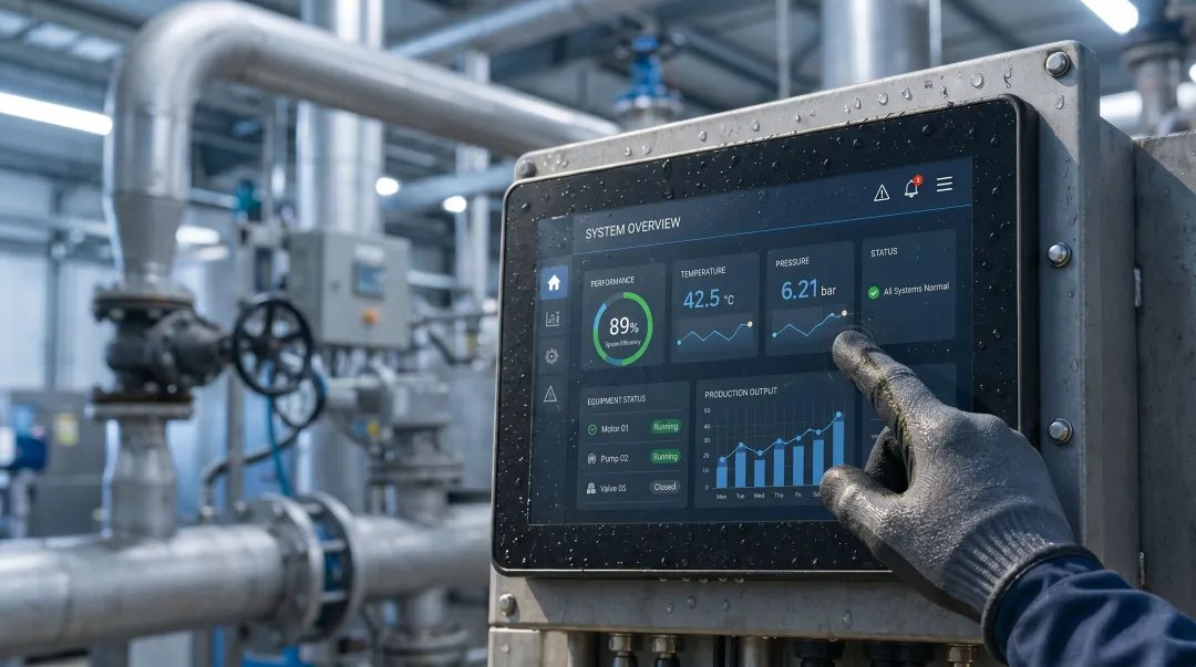 Industrial PCAP capacitive HMI panel mounted on manufacturing control station