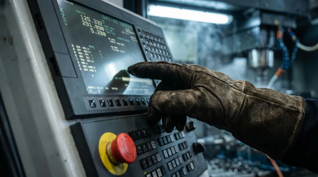 CNC machine operator using resistive HMI panel while wearing heavy leather gloves