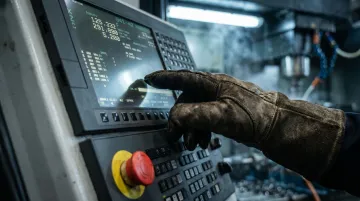 CNC machine operator using resistive HMI panel while wearing heavy leather gloves