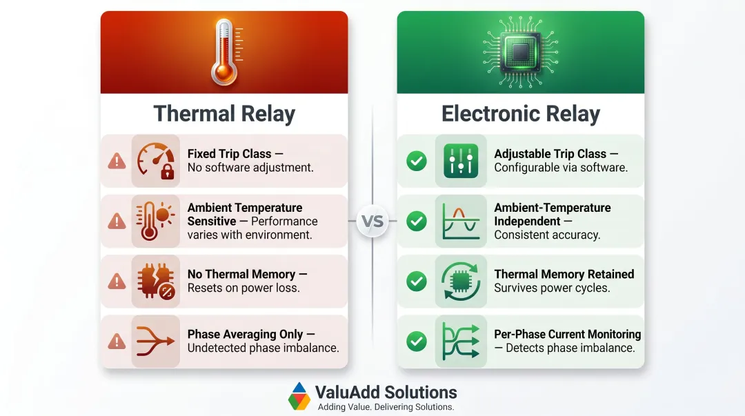 Electronic versus thermal overload relay capabilities comparison infographic for motor protection