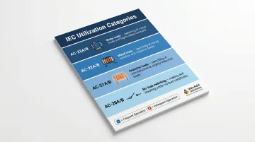 IEC utilization categories AC-20 through AC-23 duty severity ladder infographic