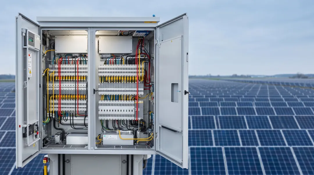 Large-scale solar farm electrical distribution busbar installation aerial view
