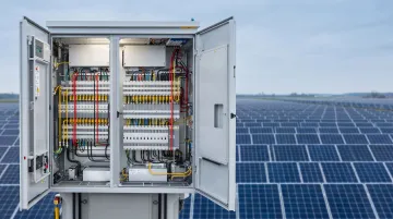 Large-scale solar farm electrical distribution busbar installation aerial view