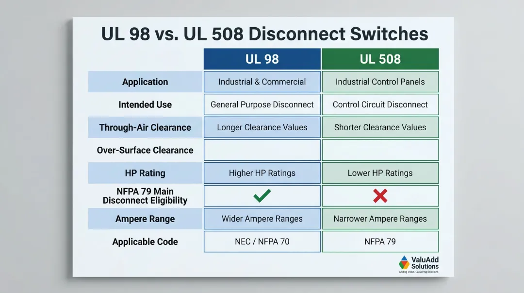 UL 98 versus UL 508 non-fused disconnect switch side-by-side comparison chart
