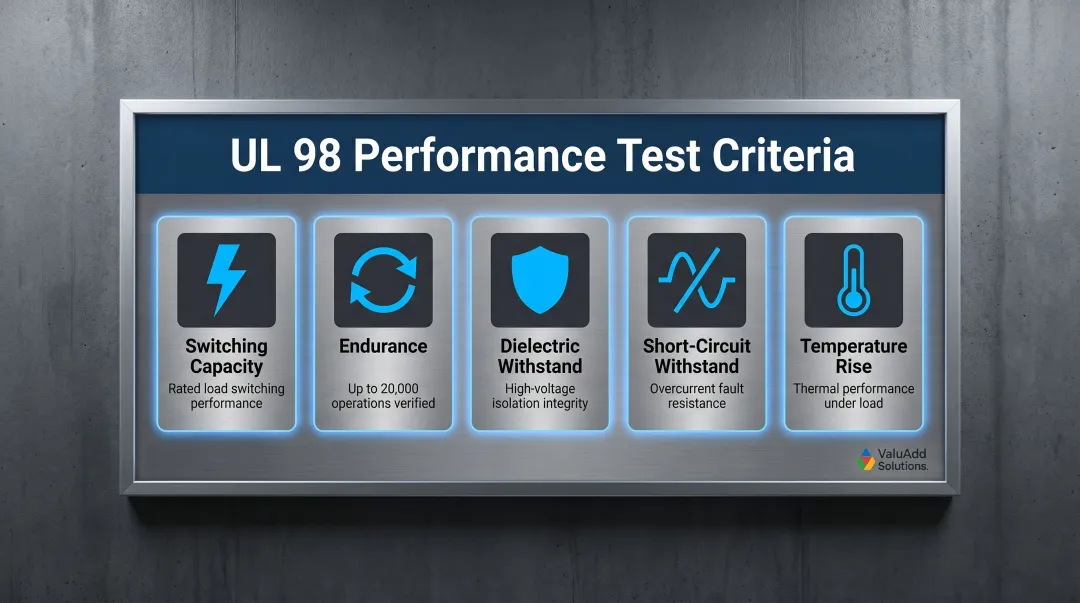 UL 98 disconnect switch five-point performance testing criteria breakdown infographic