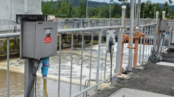 Industrial pump station motor disconnect switch mounted outdoors in NEMA 4X enclosure