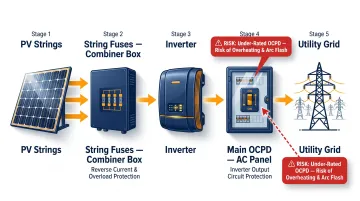 Solar PV overcurrent protection device placement diagram across string array and inverter circuits