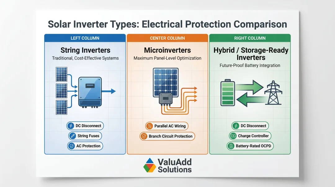 Three solar inverter architecture types with electrical interface requirements comparison