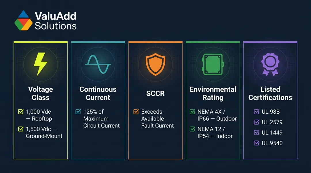 Commercial industrial solar component selection criteria checklist with five key specification categories