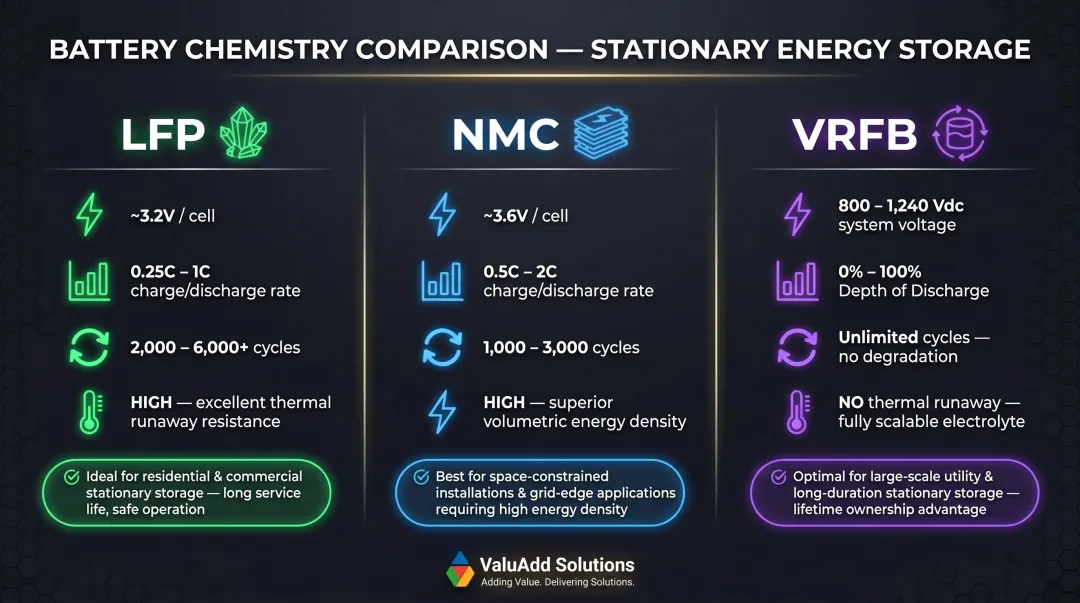 Battery chemistry comparison chart LFP NMC and vanadium redox electrical specifications
