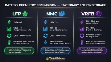Battery chemistry comparison chart LFP NMC and vanadium redox electrical specifications