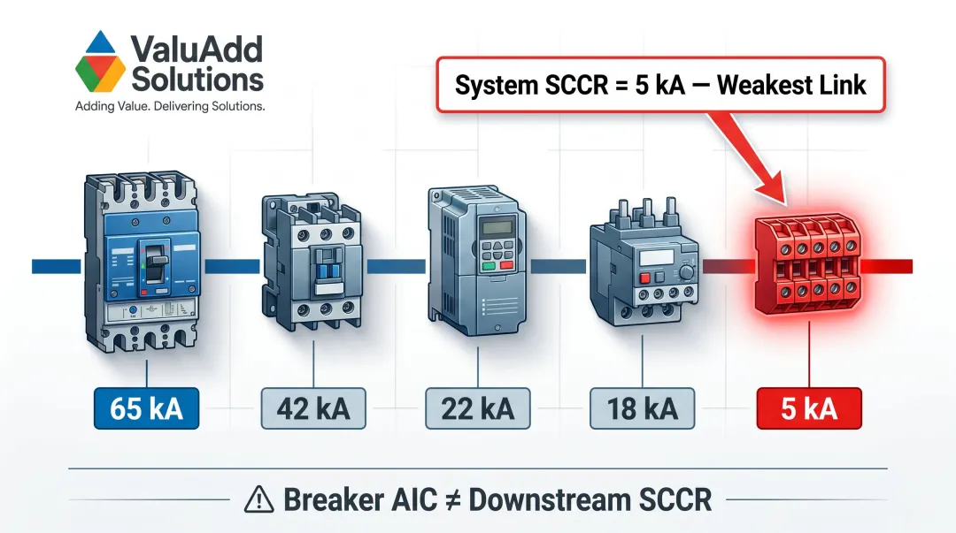 Weakest link SCCR method showing component ratings limiting system panel rating