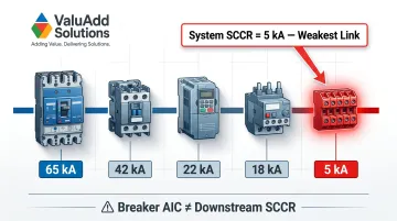 Weakest link SCCR method showing component ratings limiting system panel rating