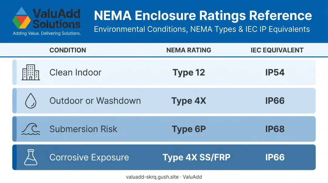 NEMA enclosure rating comparison chart by environmental condition and IEC IP equivalent