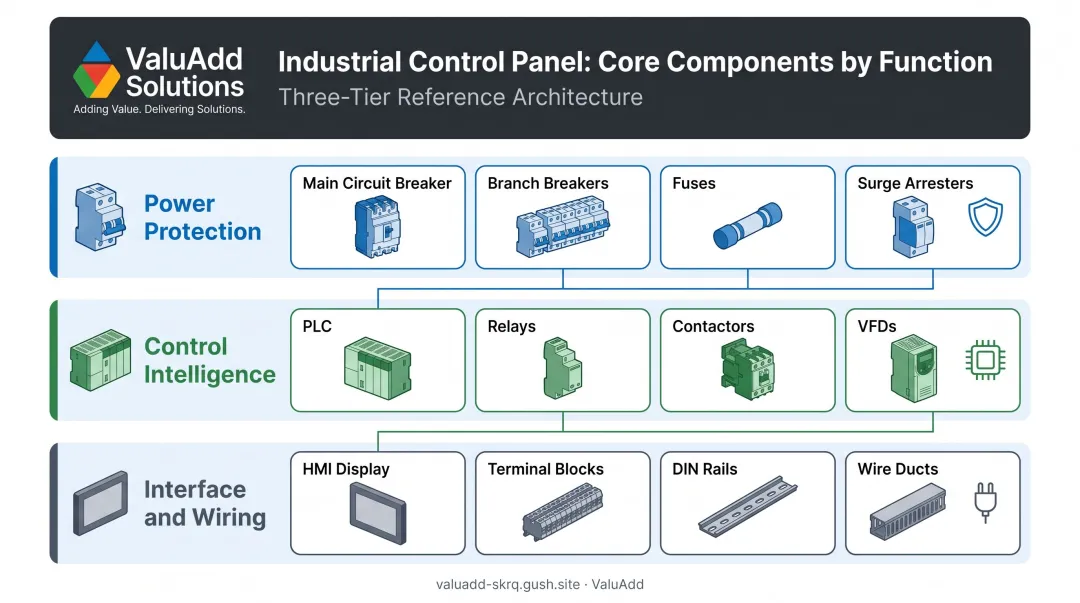 Industrial control panel core components breakdown power protection logic interface wiring